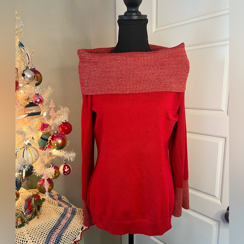 Questions? Red Metallic Gold Ribbed Cowl Style Neck Sweater‎ Blouse L Valentines